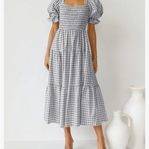 ZESICA Women's Bohemian Summer Plaid Square Neck Puff Sleeve Midi Dress size LG